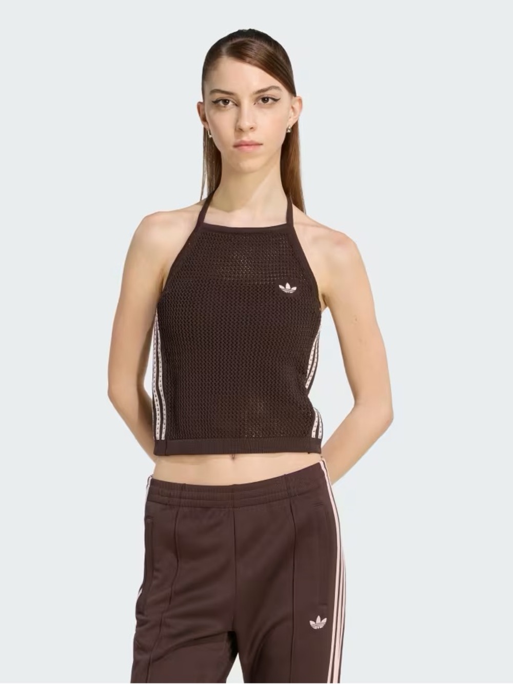 adidas Brown Mesh Halter Crop Top with White Three-Stripes